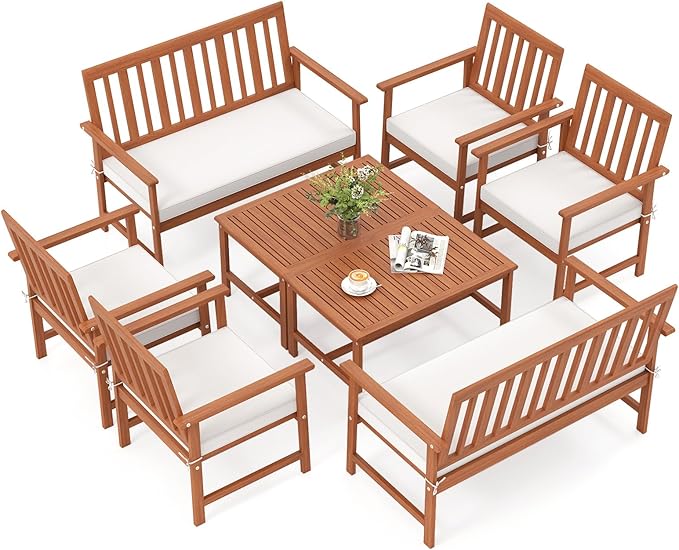 HAPPYGRILL 8 Pieces Acacia Wood Furniture Set, Patio Conversation Set w/Seat Cushions & Robust Wood Frame, Outdoor Loveseat Sofa, 4 Armchairs & 2 Coffee Table Set for Backyard, Porch, Poolside (2)