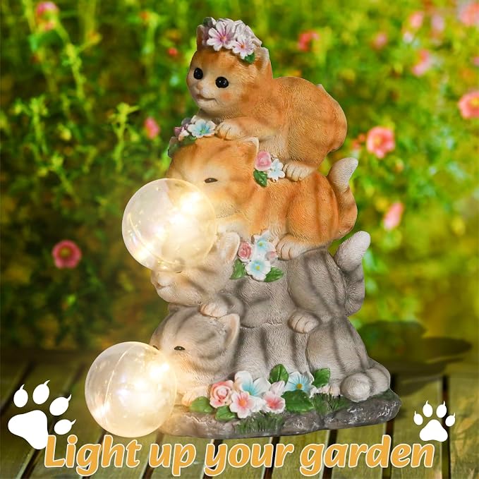Cat Garden Statue, Orange Cats with Bubble Solar Lights, Cat Lovers Gifts | Stacked Cats Solar Lantern Lights, Lawn Ornaments for Outside Clearance, Yard, Patio, Porch Decor and Gardening Gift
