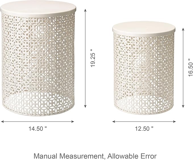 Glitzhome Outdoor Side Table Set of 2, Decorative Garden Stool for Patio, Heavy Duty Metal Frame Accent Table Modern End Table, Cream White | Decorative Garden Stool