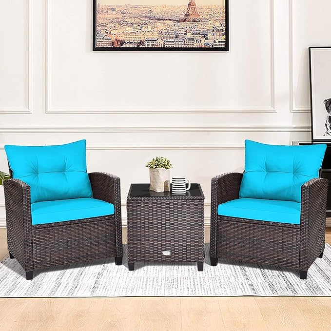 Modern Turquoise 3-Piece Wicker Patio Furniture Set with Water-Resistant Cushions & Tempered Glass Table