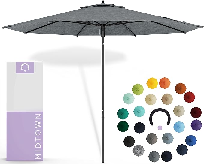 Midtown Umbrellas Push & Pop 10 Ft Patio Umbrellas with Push & Pop Mechanism, Fiberglass Ribs & Sunbrella Fabric – Outdoor Umbrella for Deck, Pool, Cafés and Hotels – Cast Slate Canopy, Black Pole