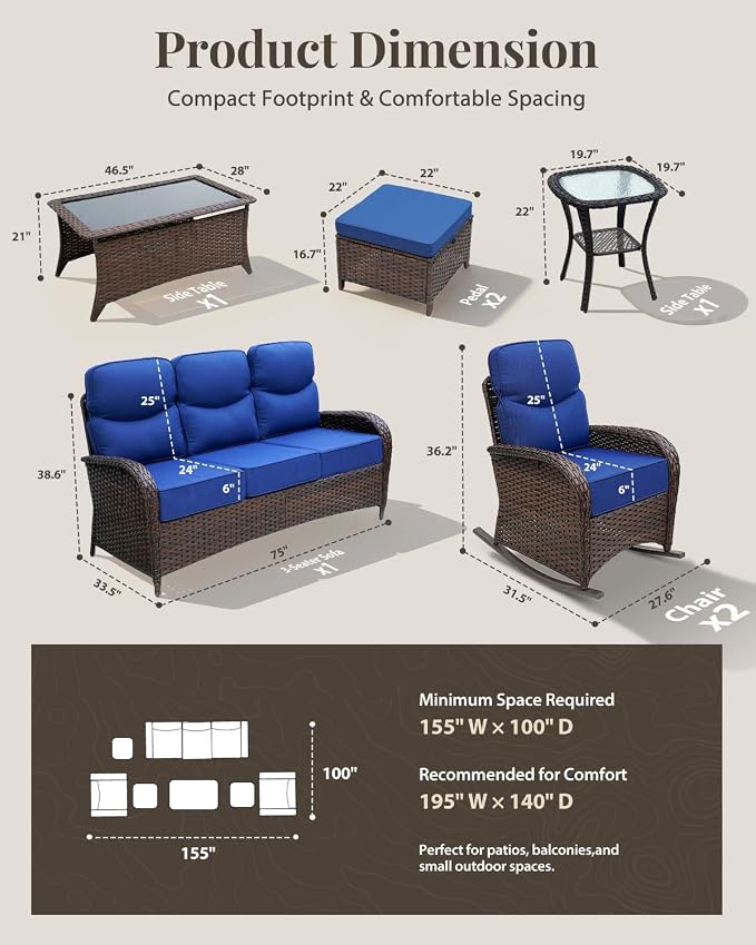 Luxury Patio Furniture Set with 6" Thick Cushions, High Back Outdoor Rocking Chairs, Ottomans and 3-seat Couch, 7 Pieces All Weather Conversation Set for Porch Deck Poolside Yard (Blue)