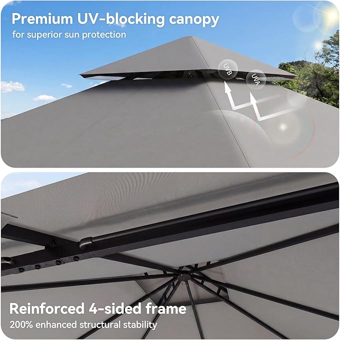 10'x10' Gazebo, Outdoor Gazebo Metal Frame Canopy with Double Roofs, Heavy Duty Patio Tent Shelter with Mosquito Netting and Privacy Screen for Backyard, Grey