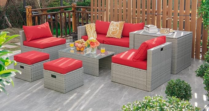 Tangkula 8 Piece Patio Wicker Furniture Set, Patiojoy Space Saving Outdoor PE Rattan Conversation Set with Storage Box & Waterproof Cover, Coffee Table, 2 Ottomans, 2 Armless Sofas & 2 Corner Sofas