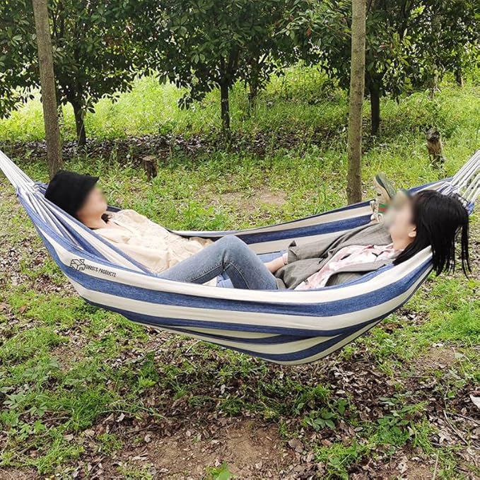 Brazilian Double Hammock (Max 450lb)- 2 Person Soft Canvas Cotton Fabric Hammock with Tree Strap-Portable Hammock with Traval Bag for Patio Porch Garden Backyard,Outdoor/Indoor - Blue/White