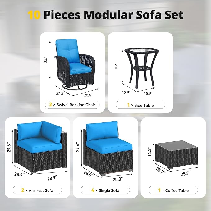 Aoxun Patio Furniture Set with Swivel Rocker Chairs, 10 Piece Outdoor Sectional Sofas, Wicker Rattan Outdoor Furniture with Thickened Cushion for Backyard, Garden Peacock Blue