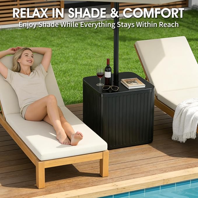 BoYata Umbrella Side Table, 2-in-1 Outdoor Side Table with Umbrella Hole, 15.9 Gallon Fillable Umbrella Stand Base, Heavy Duty & Sturdy, Fit Up to 1.5" Pole, Square Patio Side Table for Poolside, Deck