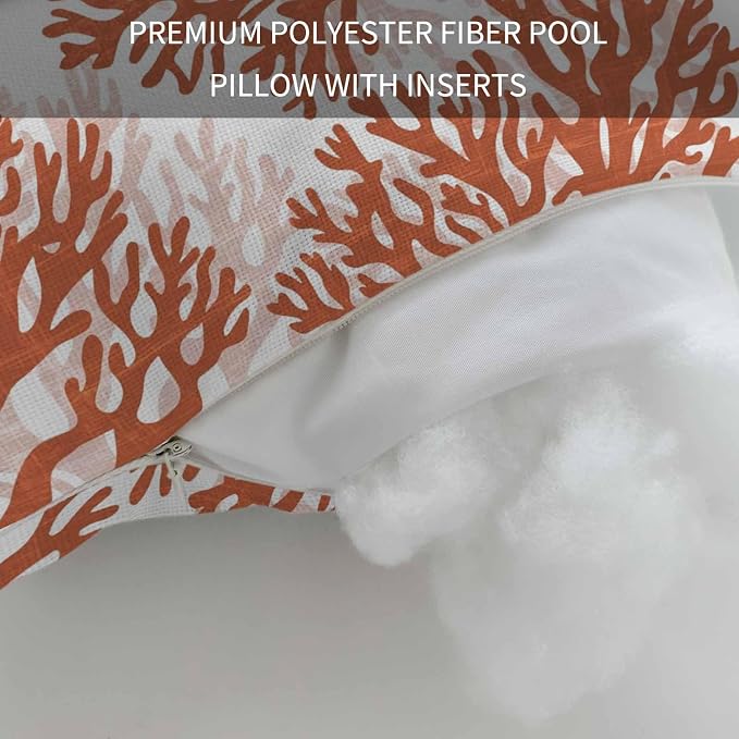 Outdoor Lumbar Pillow Set of 2, Red Coral Waterproof Beach Headrest Pillow with Inserts, Coastal Summer Ocean Nautical Sea Recliner Throw Pillows for Patio Furniture, 11 x 16
