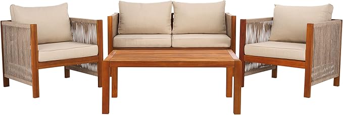 SAFAVIEH Outdoor Collection Roya Natural/Taupe Solid Wood 4-Piece Conversation Set