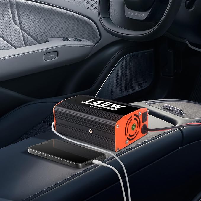 165W Car Power Inverter 12V AC to 110V/120V DC Converter Peak Power 330W Indoor & Outdoor Use with 2 AC Outlets & 2 USB Ports Car Laptop Charger Car Adapter