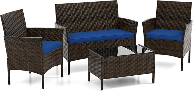 DORTALA 4-Piece Rattan Patio Furniture Set, Outdoor Table & Chair Set with Tempered Glass Coffee Table, Cushion, Wicker Conversation Set for Garden, Lawn, Poolside and Backyard, Navy
