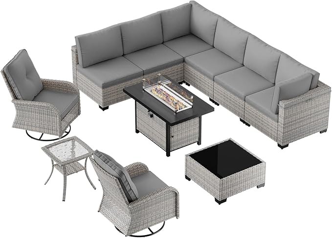 11-Piece Patio Furniture Set, Outdoor Patio Furniture with 55,000 BTU Fire Pit Table, Swivel Chairs Set, Thick Cushions, Modular Patio Sofa, Dual-Strand Wicker Rattan, Rust-Resistant Frame, Grey