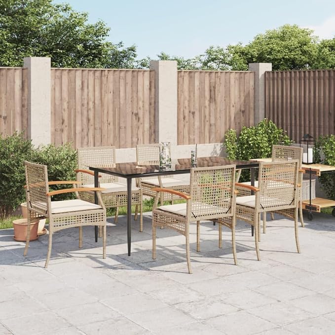7 Piece Patio Dining Set with Cushions, Outdoor Lounge Sets Patio Conversation Set Front Porch Furniture Outdoor Sofa Sets for Negotiation Area Piazza Poolside Exhibition Beige Poly Rattan