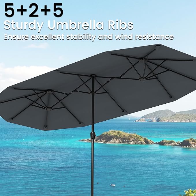 Tangkula 13 FT Large Patio Umbrella, Outdoor Double-Sided Table Market Umbrella w/Crank Handle, 12 Heavy-Duty Ribs, Sun-Protective Rectangular Twin Parasol for Garden Deck Lawn Poolside (Gray)