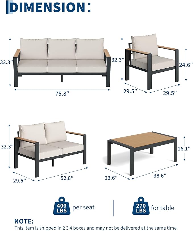 Garvee Aluminum Patio Furniture Set 7 Seats, Generous Outdoor Sectional with Washable Thick Cushions and Coffee Table, Patio Conversation Sets for Porch, Balcony, Deck, Yard