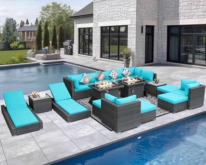 NICESOUL 18 Piece Extra Large Luxury Patio Furniture Set with Firepit, Outdoor Sectional w/Chaise Lounge, Comfy 29.3" High Back Couch Deep Seat, All-Weather Wicker Conversation Set, Gray & Teal