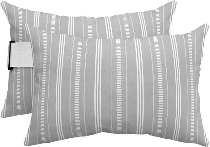Outdoor Lumbar Pillows 11x16 Set of 2, Boho Grey Waterproof Throw Pillow Covers with Insert, Minimalist Farmhouse Striped Decorative Pillowcase Cushion for Couch Sofa Bed