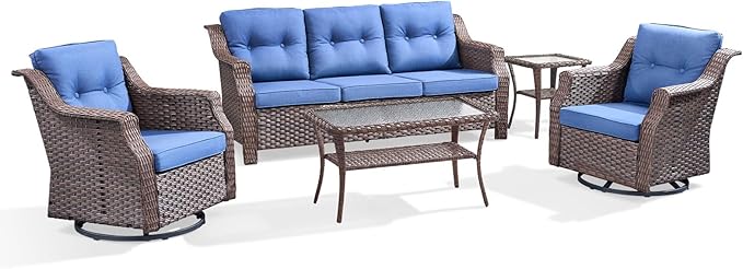 Outdoor Swivel Rocking Chair Set (5-Piece), Rocking Chair with Sofa and Coffee Table Set, Crafted from PE Rattan with an Elegant Side Table, Ideal for Gardens and Patios, Brown/Blue