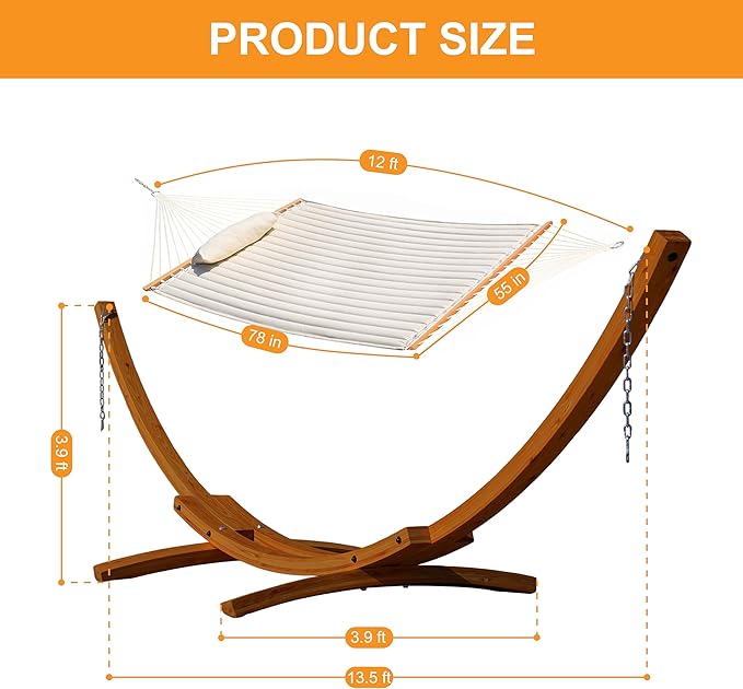 Lazy Daze Hammocks 12 FT Double Quilted Fabric Hammock and 13 FT Brown Wood Arc Stand, with Spreader Bar, Removable Pillow, 2 Person Hammock for Poolside Outdoor Patio, 450 lbs Capacity, Natural