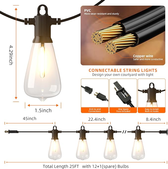 Kawaya Outdoor Patio String Lights: 25 FT LED Outside Patio Light with 12 Shatterproof Vintage Bulbs - 2700K Dimmable IP65 Waterproof Edison Outdoor Lighting for Porch Deck Bistro Cafe Party