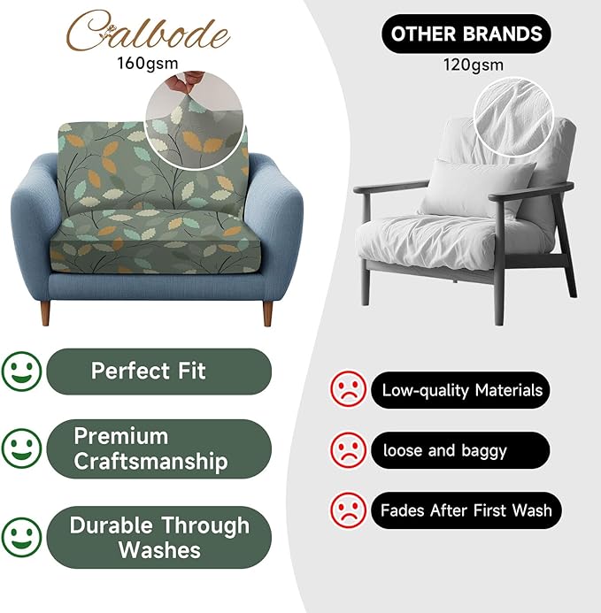 CALBODE 8Pcs Stretch Patio Cushion Cover for Autumn, Couch & Sofa Slipcovers for Patio Furniture Cushions Washable Reusable Couch Covers Replacement Fall Home Decor (Green Leaf Printed, Cover Only)