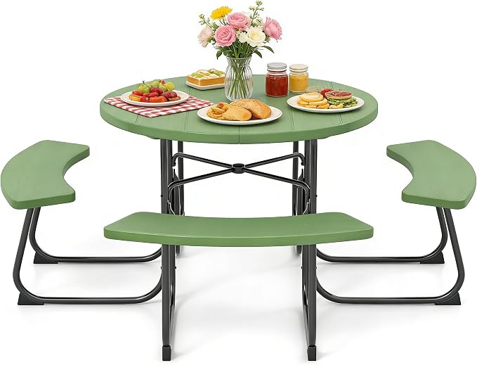 COSTWAY Round Picnic Table with Umbrella Hole, Outdoor Picnic Table with Bench Set for 4-8 People, HDPE Tabletop, Patio Dining Furniture Set for Family Gatherings, BBQ Party, Backyard (Green)