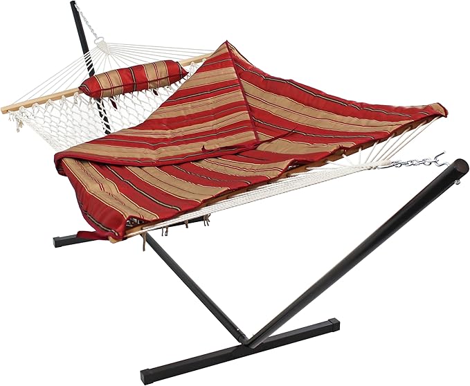 Sunnydaze Rope Hammock with Stand for Outside- 275-Pound Capacity - Includes 12-Foot Hammock Stand, Spreader Bar, Pad, and Pillow - Green Stripe