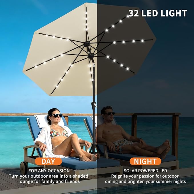 Garvee 9/10 FT Solar Patio Umbrella with 32 LED Lights - Outdoor Table Umbrella with Crank Lift, Push Button Tilt and 8 Sturdy Ribs - Market Umbrella UV Protection for Pool, Deck, Yard, Garden