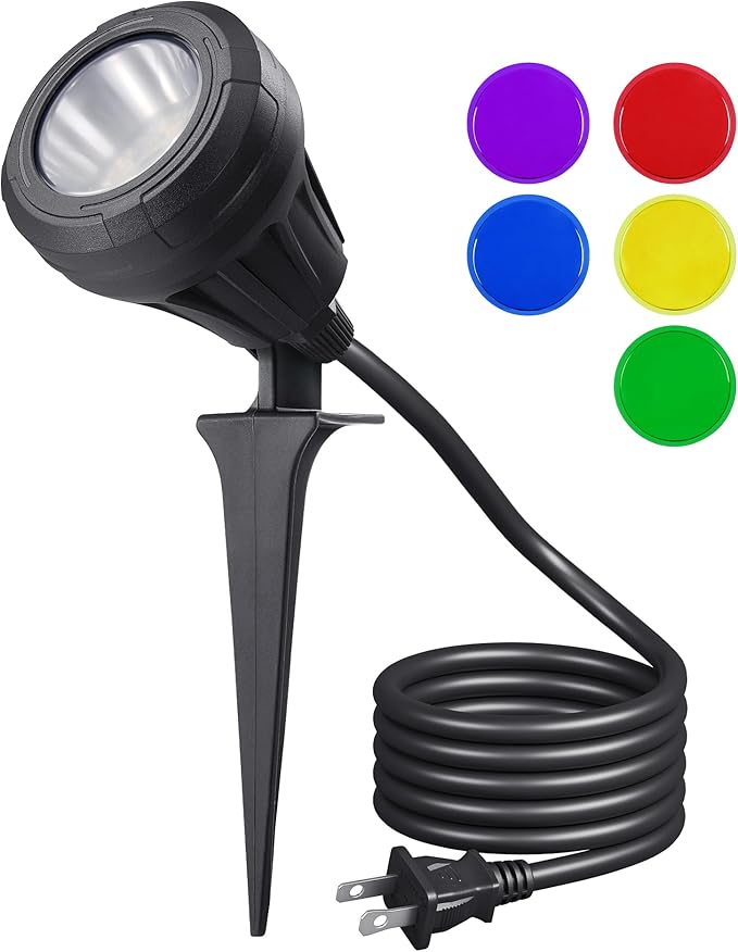 EDISHINE 120V LED Outdoor Spotlight, 5 Extra Lenses (RGB Purple Blue), 5.5W 5000K Plug in Spotlight Outdoor, Waterproof Landscape Light for Yard, Holiday Tree Flag Light, UL Listed