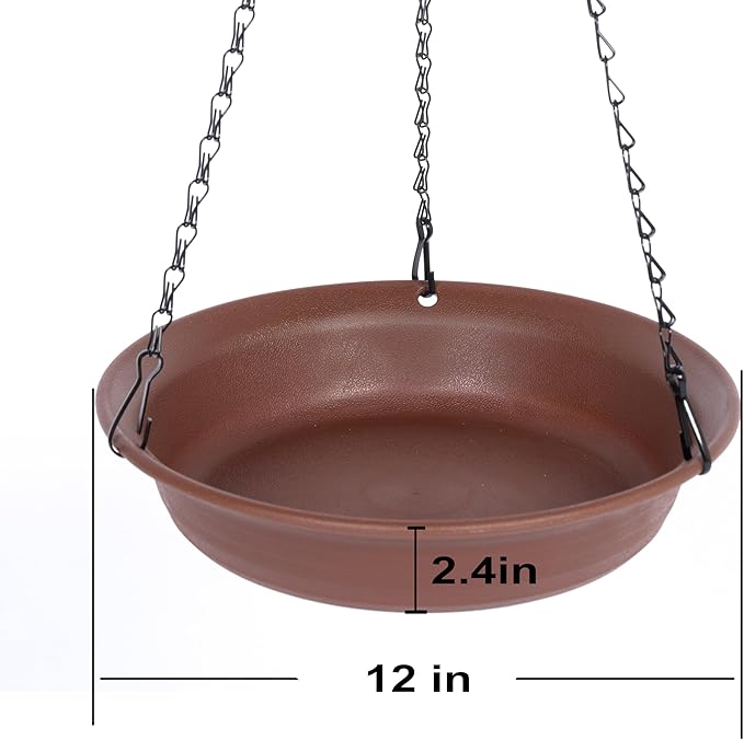VUWEZ Hanging Bird Bath, Hanging Bird Water Feeder for Outdoors, Feeder Bowl, 2 Pack Birdbath Tray Accessories for Outside, Plastic Birdbaths Tray for Garden Patio Decoration (12", Chocolate)