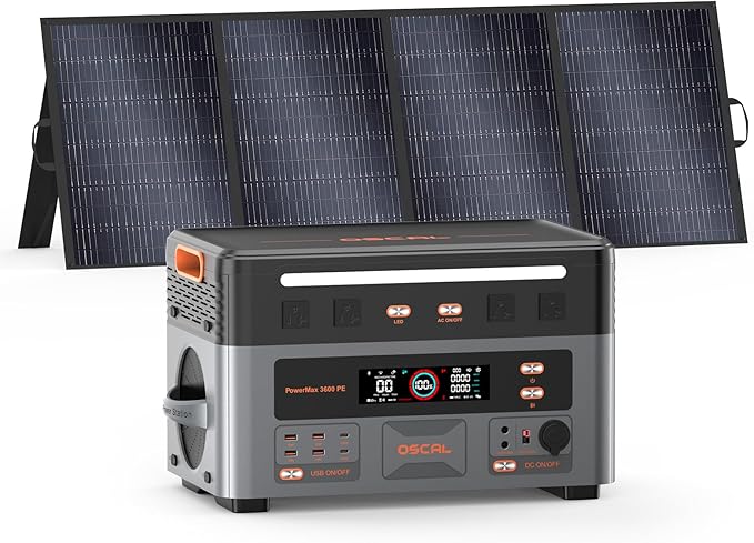 OSCAL 3600W Portable Power Station PowerMax 3600 PE with 400W Solar Panel, 2016Wh Solar Generator, 1.5H Fast Charge, LiFePO4 Battery Power Station for Home Backup, RV, Emergencies