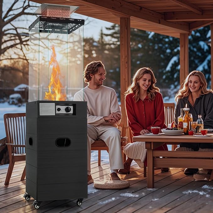 COSTWAY Outdoor Heater, 40,000 BTU Square Patio Propane Heater with Tempered Glass Tube, Protective Cover, Lockable Wheels, CSA Certified, Perfect for Porch Backyard Balcony Poolside, Black