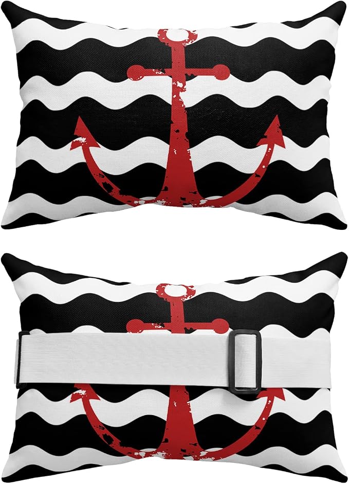Outdoor Pillows Covers with Inserts Red Nautical Anchor Navy Blue Wavy Stripes Waterproof Recliner Pillow with Adjustable Strap Throw Pillows for Patio Furniture Pool Lounge Chair, 11x16 inch, 1PCS