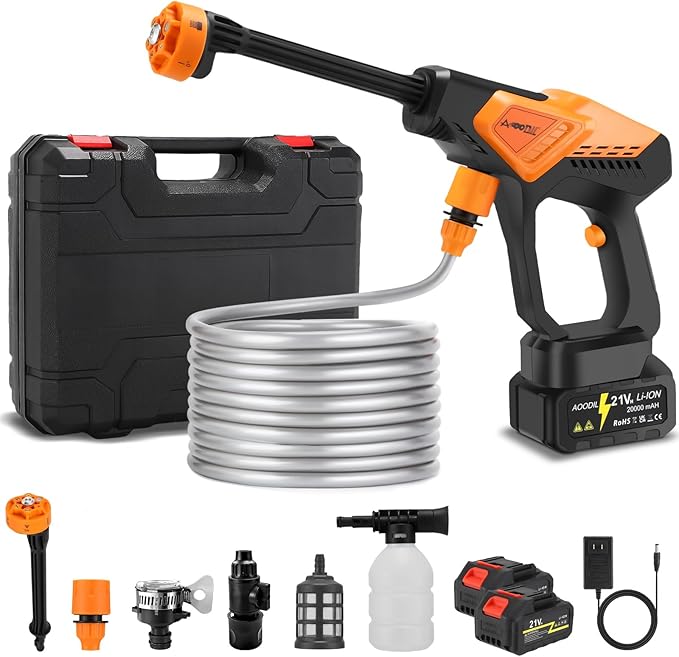 Cordless Portable Washer Battery Powered, 6 in 1 Nozzle Handheld Washer with Tap Connector, 2 Batteries, 800PSI Lightweight Car Washer with 16ft(5m) Hose for Home & Outdoor Patio Garden