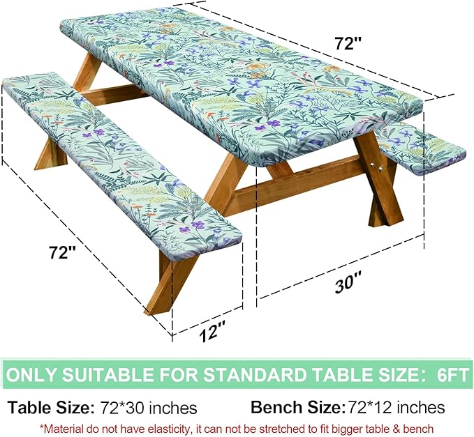 Picnic Table Cover with Bench Covers Camping Essentials Waterproof Windproof Camping Tablecloth with Drawstring Bag, Fitted Rectangle Tables and Seats, 72in, Gray Blue