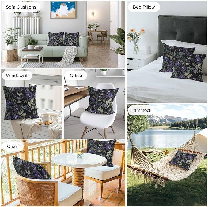 Purple Green Flower Leaf on Black Outdoor Pillow Covers 18x18in Pack of 2 Waterproof Pillowcase Retro Plant Oil Painting Decorative Throw Cushion Case for Patio Couch Sofa