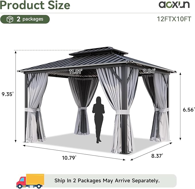 Aoxun 10’x12’ Hardtop Gazebo, Permanent Metal Pavilion with Galvanized Steel Double Roof, Outdoor Pergola with Nettings and Curtains for Lawn, Garden, Patio (Gray)