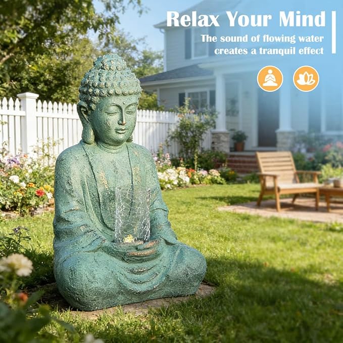 24" H Zen Buddha Fountain, Sitting Buddha Statue Fountain with LED Light and Glass Cover, Meditation and Relaxation Water Feature Outdoor/Indoor Waterfall Fountain for Home Decor, Garden, Balcony
