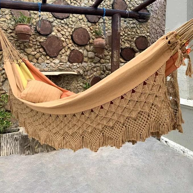 Handmade Brazilian Macrame Hammock – Red, Yellow & Caramel Striped Cotton Hammocks – Indoor Boho Swing Bed – Decorative Hammock for Bedroom, Porch or Balcony