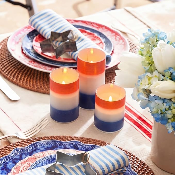 Tujoe 3 Pcs Patriotic Flameless Candles 4th of July LED Battery Pillar Candles Set Battery Operated Independence Blue Red and White Flickering Gifts with Remote Decorations for 250th Anniversary
