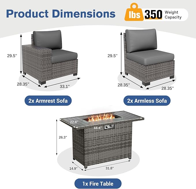 5 Piece Patio Furniture Set with Fire Pit Table, Outdoor Conversation Sets Grey Wicker Rattan Sectional Sofa, 4'' Thickened Cushion Dark Grey (Include Waterproof Cover)