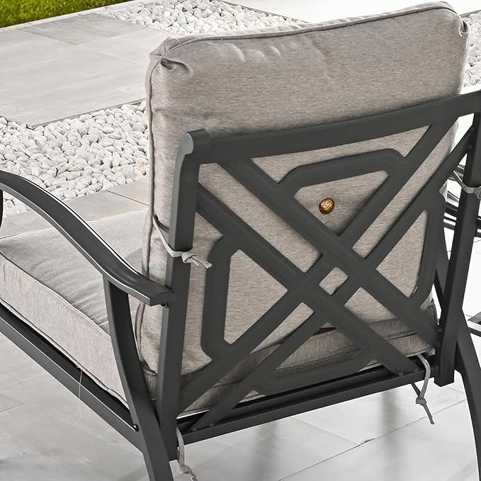 3 Pieces Patio Conversation Set Metal Outdoor Furniture Chairs with Cushion Tile-top Side Table (Grey)