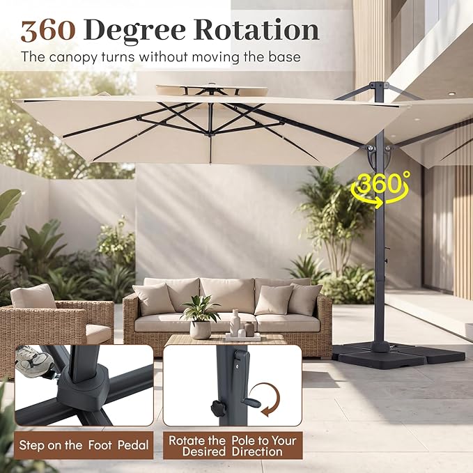 Tangkula 10 FT Patio Cantilever Umbrella, Large Square Offset Hanging Umbrella w/ 360° Rotation, 8 Sturdy Ribs, Air Vent & Cross Base, Heavy-Duty Outdoor Sun Shade for Backyard Pool Garden Deck, Beige