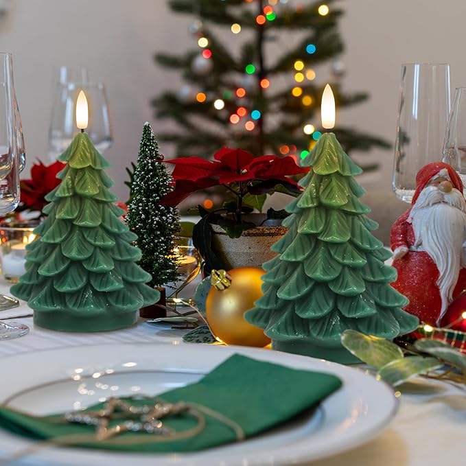 Christmas Tree Shaped LED Candles with 6H Timer, 2 Pcs Flameless Pillar Candles Flickering, Battery Operated LED Candle with 3D Flame Wick, Green Candles for Home Décor Christmas Gifts
