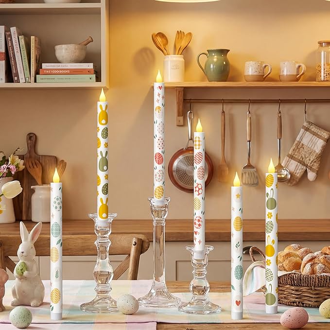 Honoson 6 Pcs Easter Flameless Taper Candles 10.6 Inch Colorful Egg Bunny Candles Battery Operated LED Candlesticks for Easter Dinner Table Home Party Decor