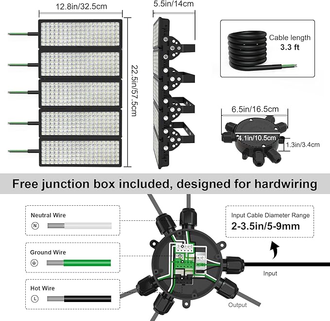LED Stadium Lights 140000LM, AC 85-305V LED Flood Light Outdoor 2Pack (500W Each), 5000K Daylight, Adjustable Arena Light IP67 Waterproof, Field Lights for Court (5-Year Protection)