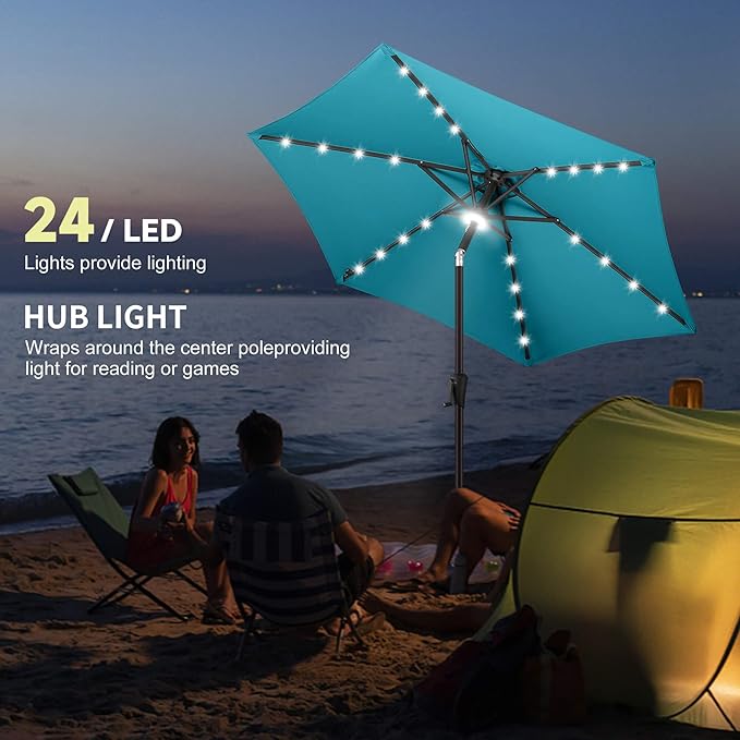 7.5ft Solar Umbrella Outdoor - Lighted Solar Patio Umbrella with 24 LED Lights Waterproof UV Protection, Table Umbrella with Tilt for Pool, Porch, Garden, Deck, Backyard (Aqua Blue)
