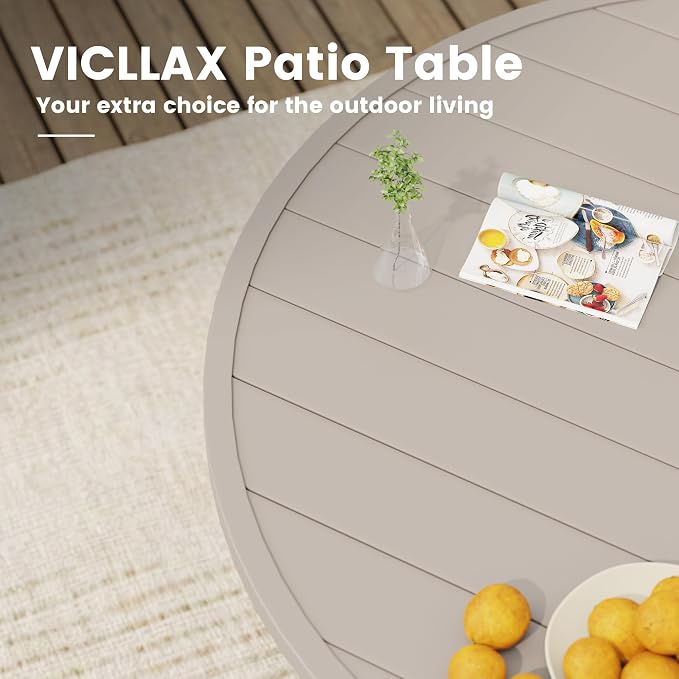 VICLLAX 50" Round Patio Table, Outdoor Dining Table for 6 with Umbrella Hole for Garden Lawn Deck Backyard, Sandshell