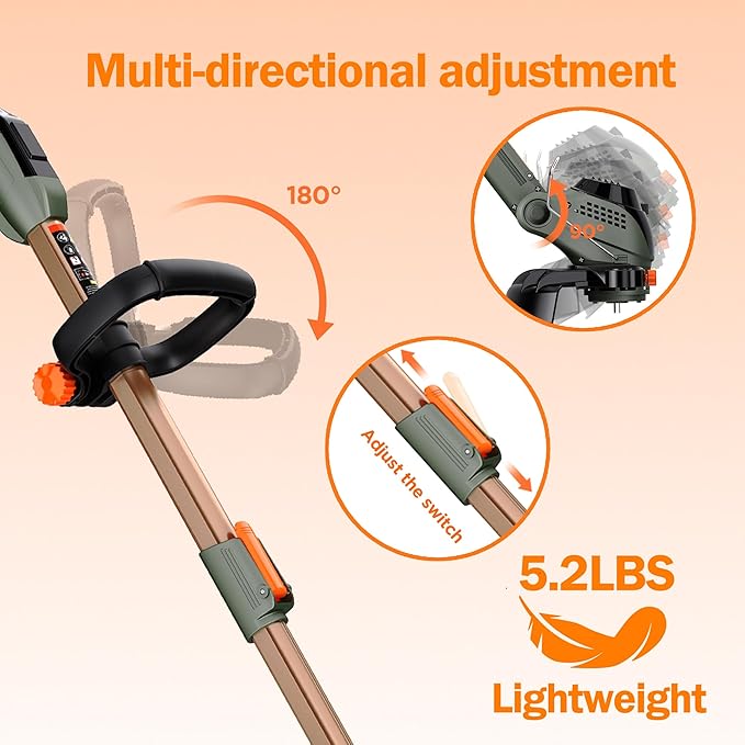 13" Electric Weed Wacker, 4 in 1 Cordless String Trimmer/Lawn Edger/Lawn Mower/Brush Cutter with Steel Gears, 2×21V 6.0Ah Batteries & Charger, 5.2 LBS Lightweight Grass Trimmer for Yard Garden