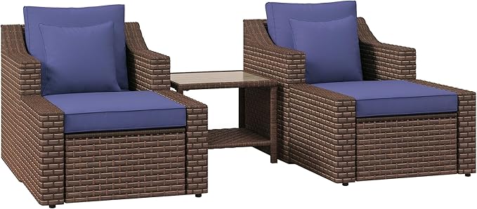 Outsunny 5 Piece Patio Furniture Set, All Weather PE Rattan Conversation Chair, and Ottoman Set with Coffee Table, Cushions & Pillows Included for Balcony, Porch, Deck, Pool, Lawn, Dark Blue